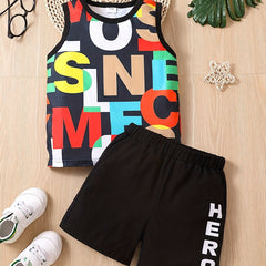 Boys Letter Pattern Casual Outfit Tank Top & Shorts Set