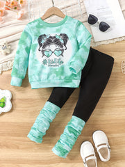 Girl's Cat Pattern 2pcs Sweatshirt & Pants Set Casual Outfits For Spring Fall