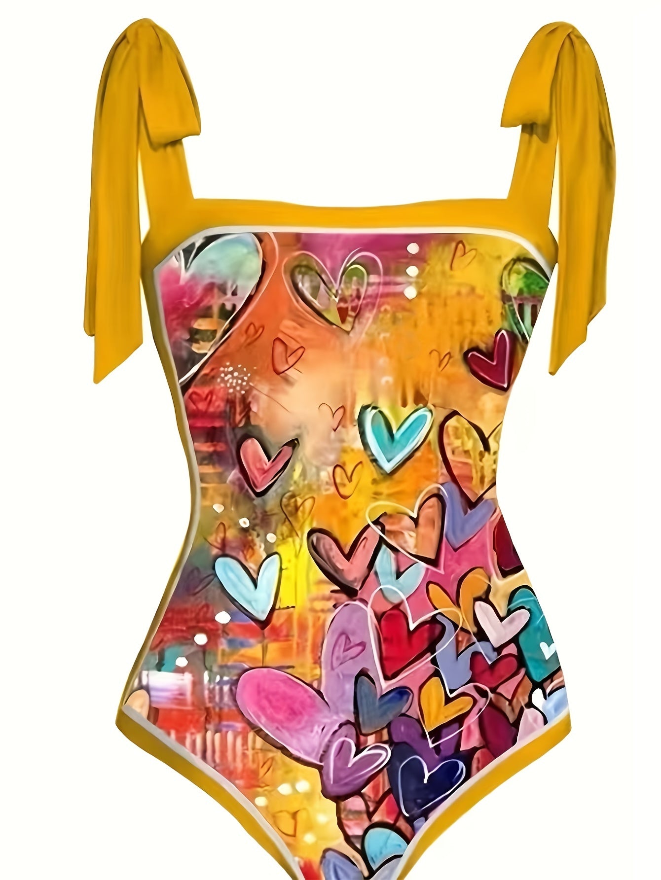 Graffiti Heart Print Tie Shoulder One Piece Bathing Suit with Sarong Cover Up