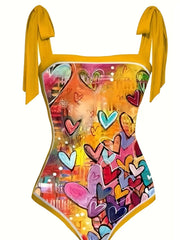Graffiti Heart Print Tie Shoulder One Piece Bathing Suit with Sarong Cover Up