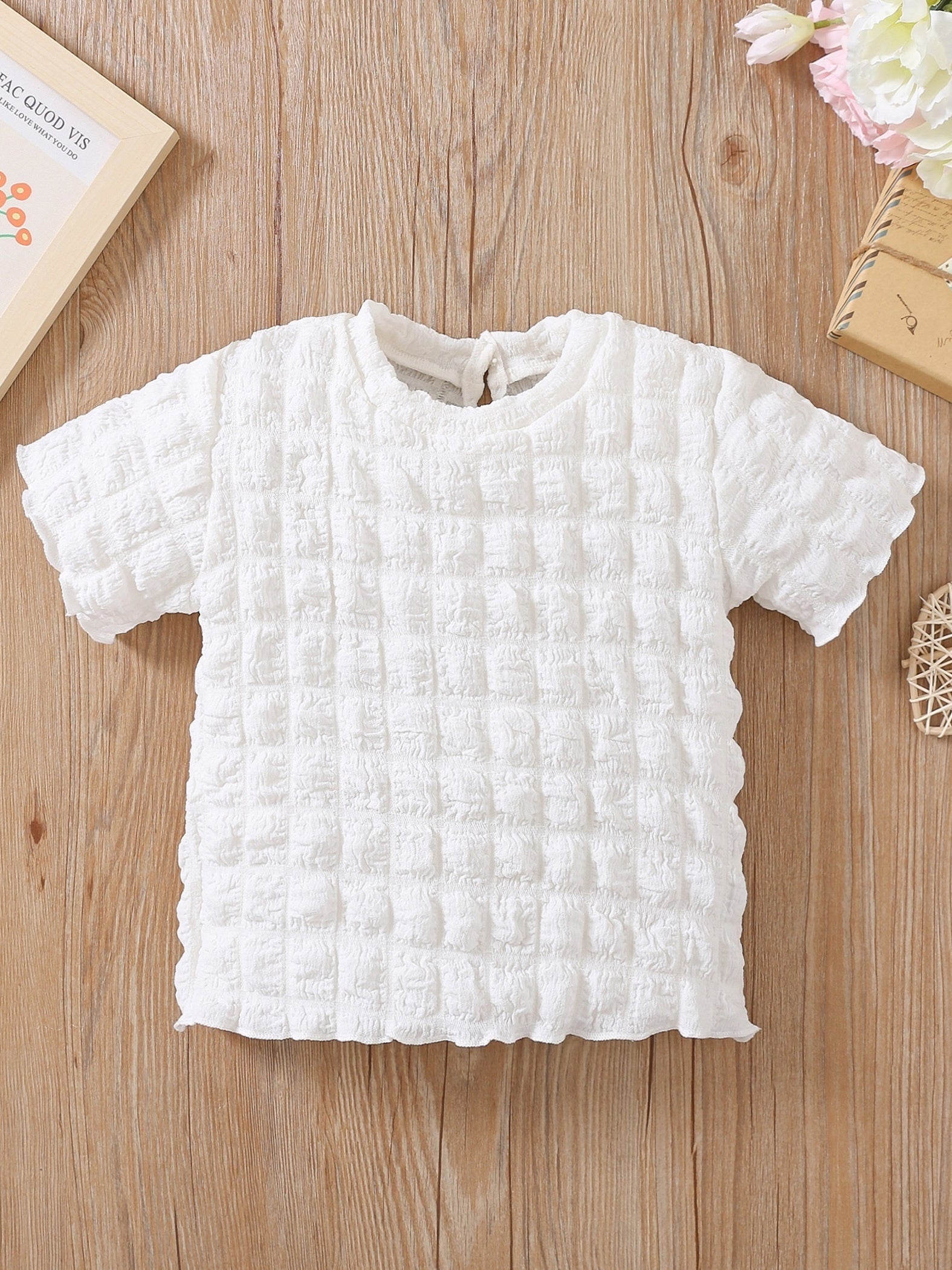 Girls Summer Frilled Trim Puff Blouse Round Neck Short Sleeved T-Shirt