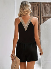 Lace V Neck Sleeveless Top & Solid Shorts Set Women's Outfit
