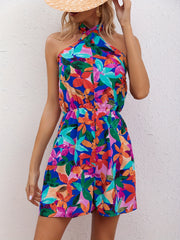 Floral Print Halter Neck Romper Jumpsuit Women's Clothing