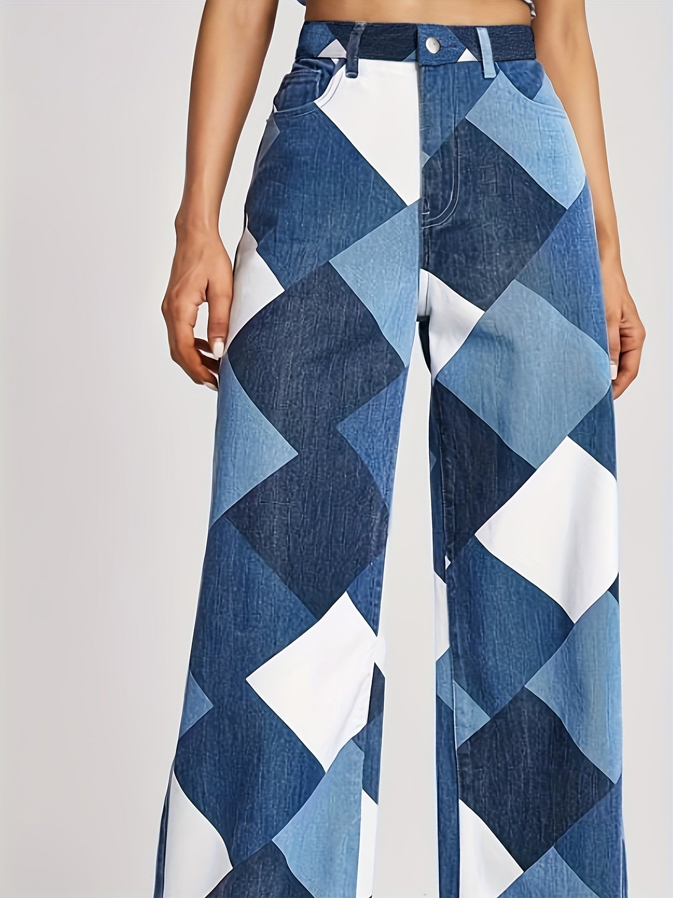 Colorblock Geometric Pattern Straight Jeans Women's Denim Pants