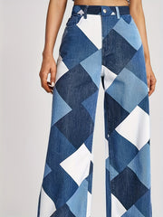 Colorblock Geometric Pattern Straight Jeans Women's Denim Pants