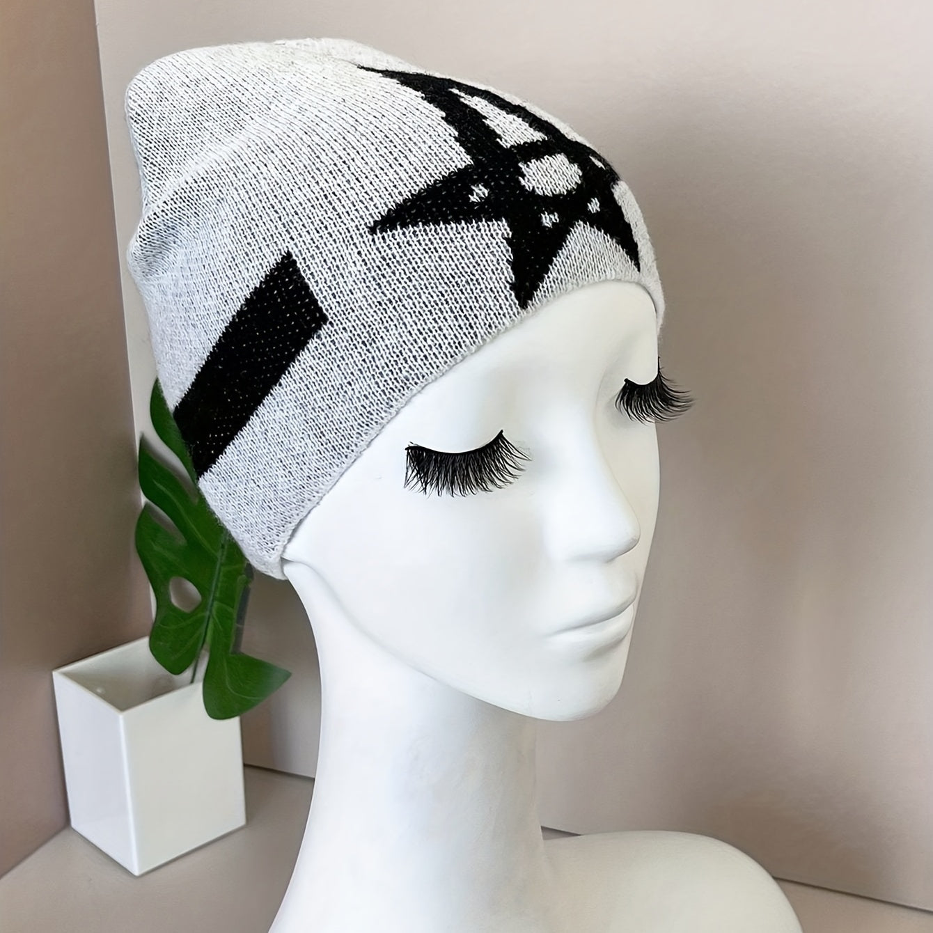 Pentagram Jacquard Gray Beanie Soft Unisex Warm Knit Hat