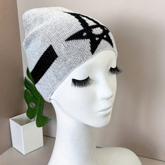 Pentagram Jacquard Gray Beanie Soft Unisex Warm Knit Hat