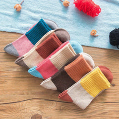 5 Pairs Colorblock Crew Socks Warm Mid Tube Women's Stockings