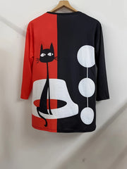 Colorblock Cat Print Long Sleeve Round Neck Dress Plus Size