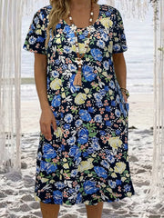 Floral Print Short Sleeve Round Neck Dress With Pockets