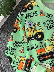 Excavator & Truck Print Sweatshirt Boy's Casual Graphic Crew Neck Pullover Sweat
