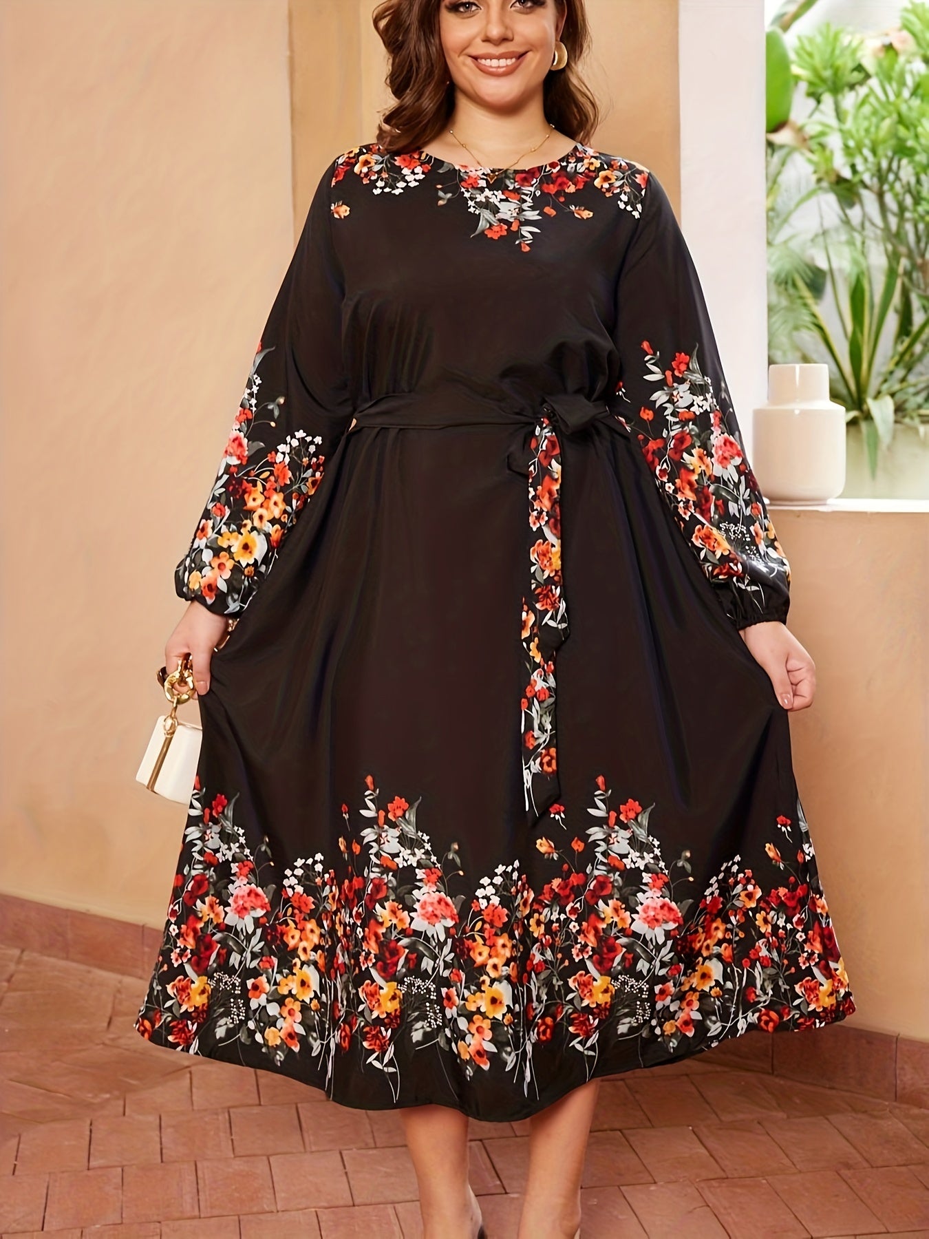 Colorblock Floral Print Long Sleeve Maxi Dress