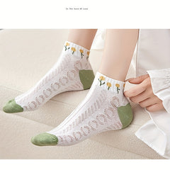 5 Pairs Women's Flower Mesh Ankle Socks for Summer
