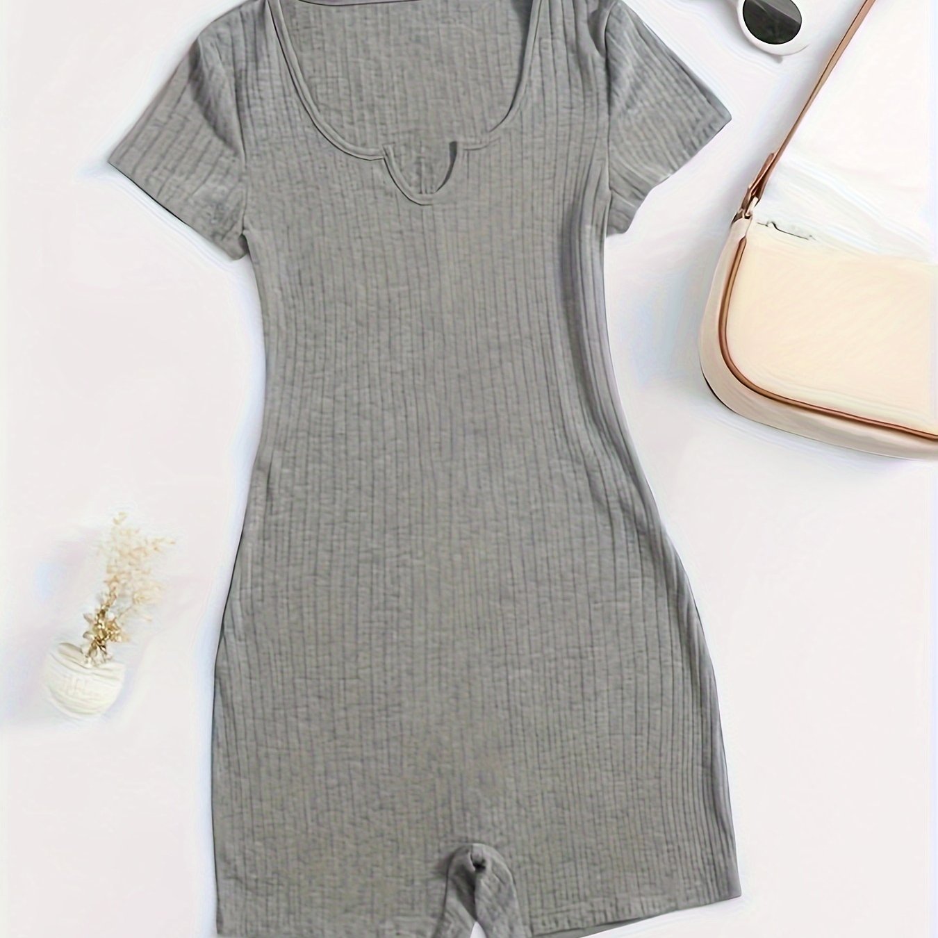 Ribbed Pajama Romper Short Sleeve V Neck Pajamas Women's Lingerie
