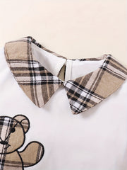 2pcs Baby Girls' Bear Graphic Collared T Shirt & Bow Plaid Skirt Set