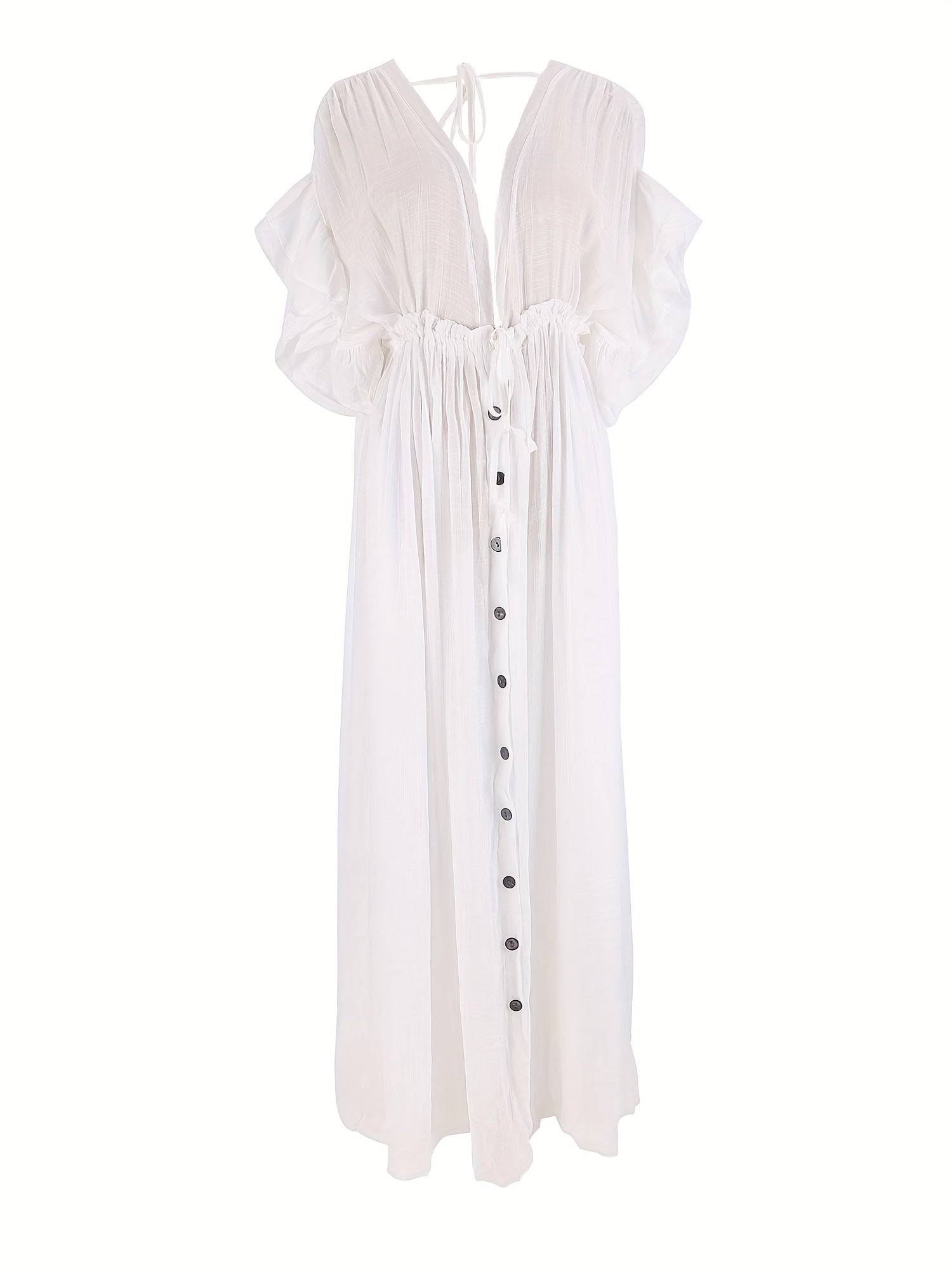 Ruffle Sleeve Beach Cover Up Dress Boho Style Tie Back Backless Kaftan