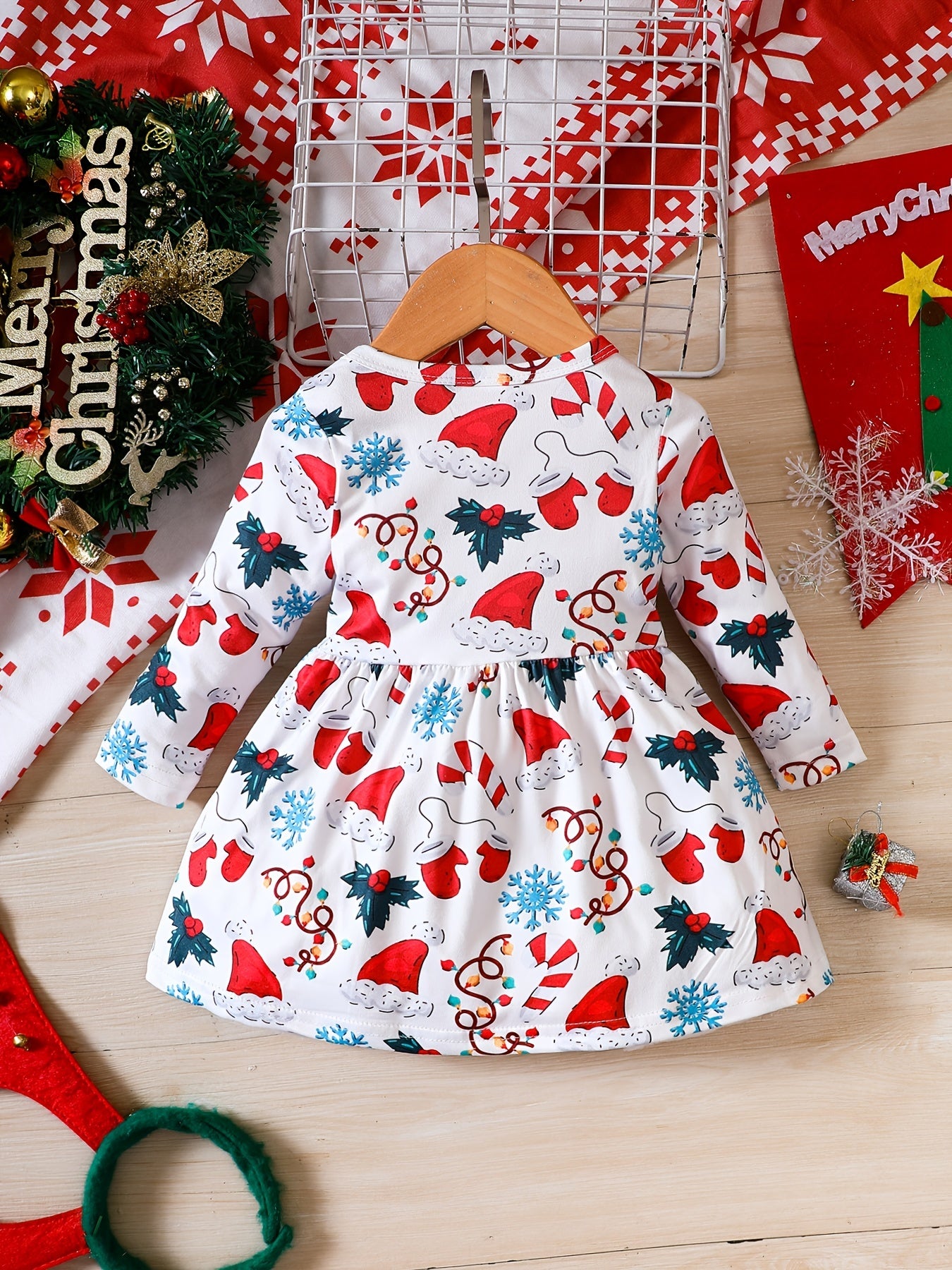 Toddler Girls Christmas Full Print Long Sleeve Dress