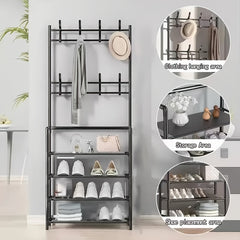 4 5 Tier Shoe Rack with Hooks Standing Garment Rack Space Saving