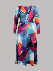 Women's Geo Print Long Sleeve Wrap V Neck Dress