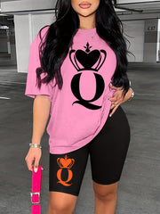 Crowned Q Print Matching Set Casual Short Sleeve T shirt & Biker Shorts