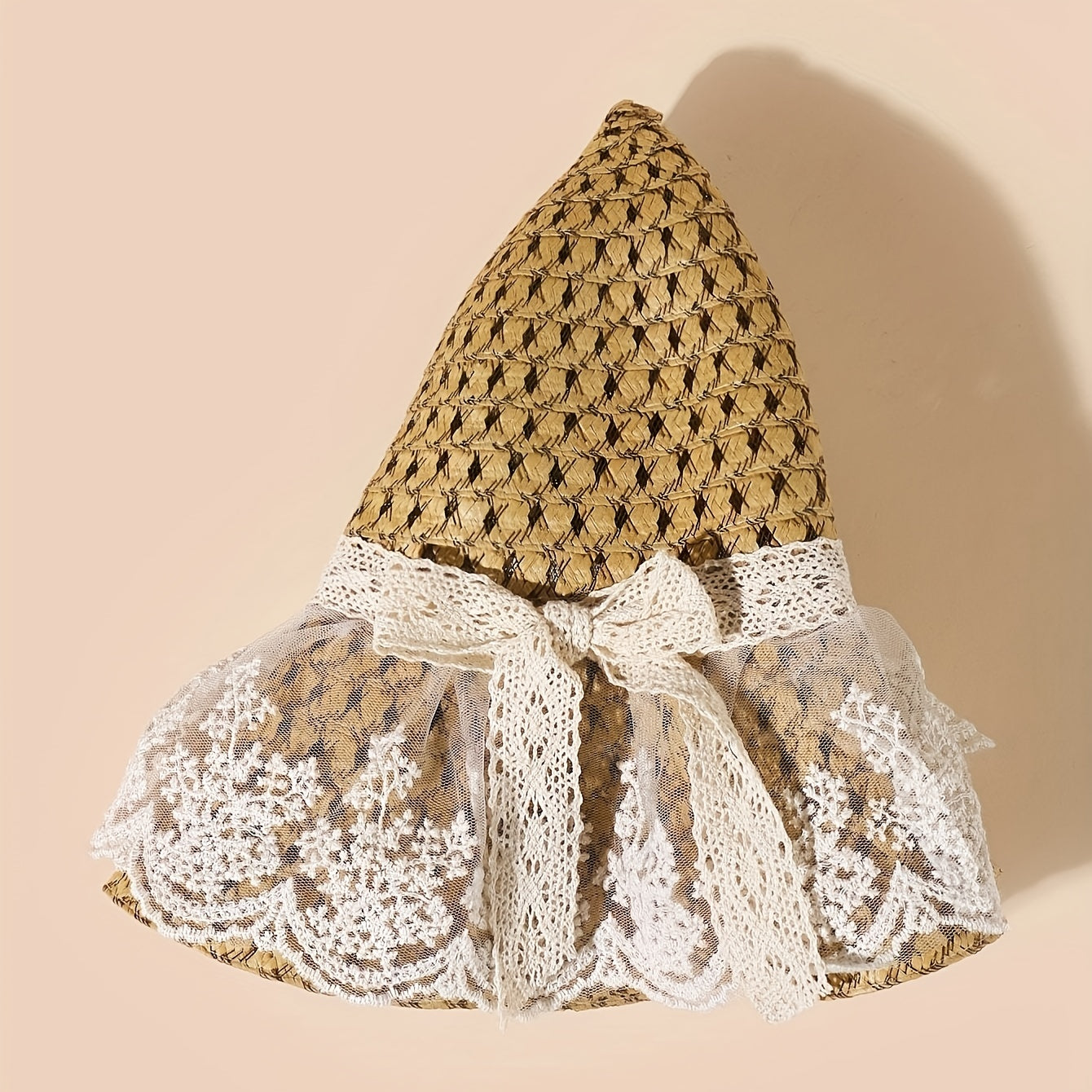 Women's Sunshade Straw Hat with Lace Bow Decor