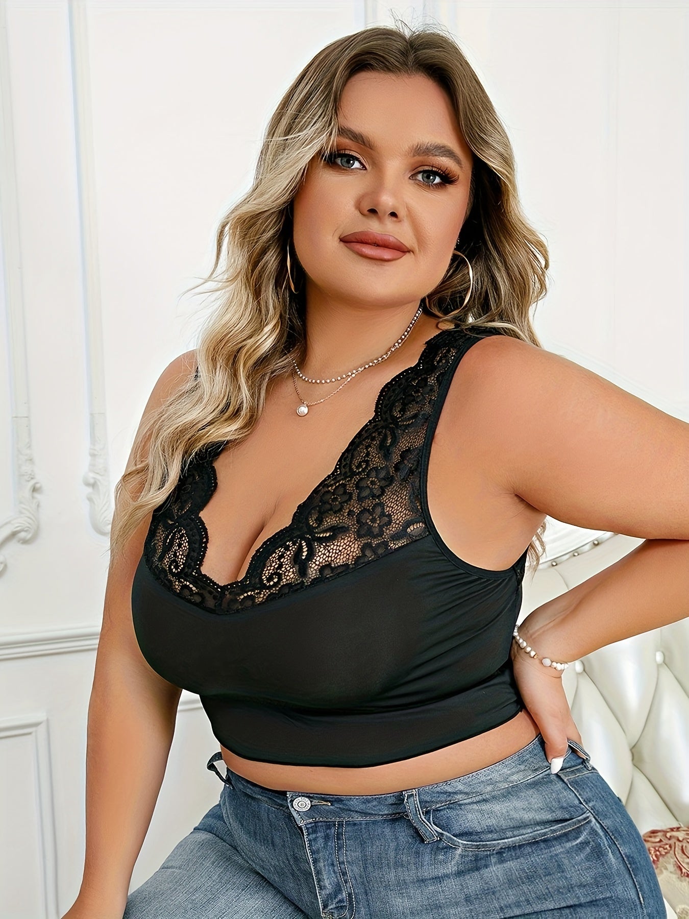 Sexy Plus Size Lace Trim Bra Wide Straps Skin Friendly