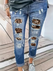 Leopard Print Patchwork Straight Jeans Ripped Holes Non Stretch Denim Pants