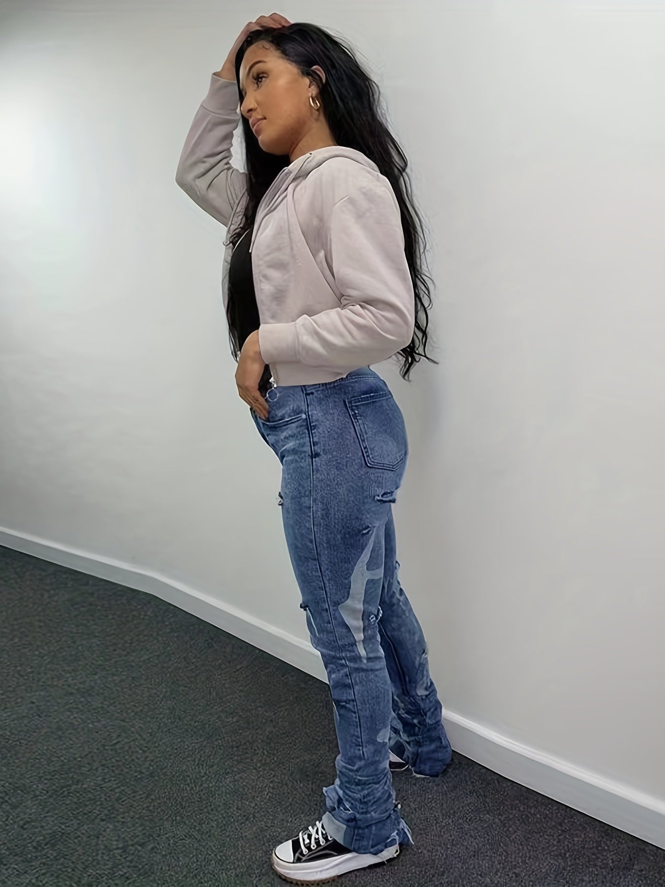 Long Denim Jeans Ripped Holes Distressed Pockets High Stretch Pants Women's
