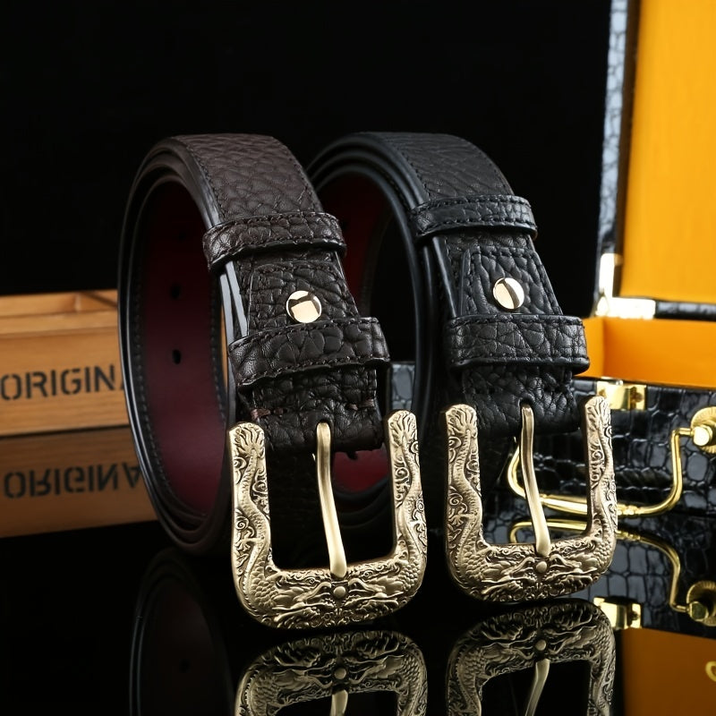 Men's Carved Pure Copper Buckle Belt with Unique Pattern 1.5in