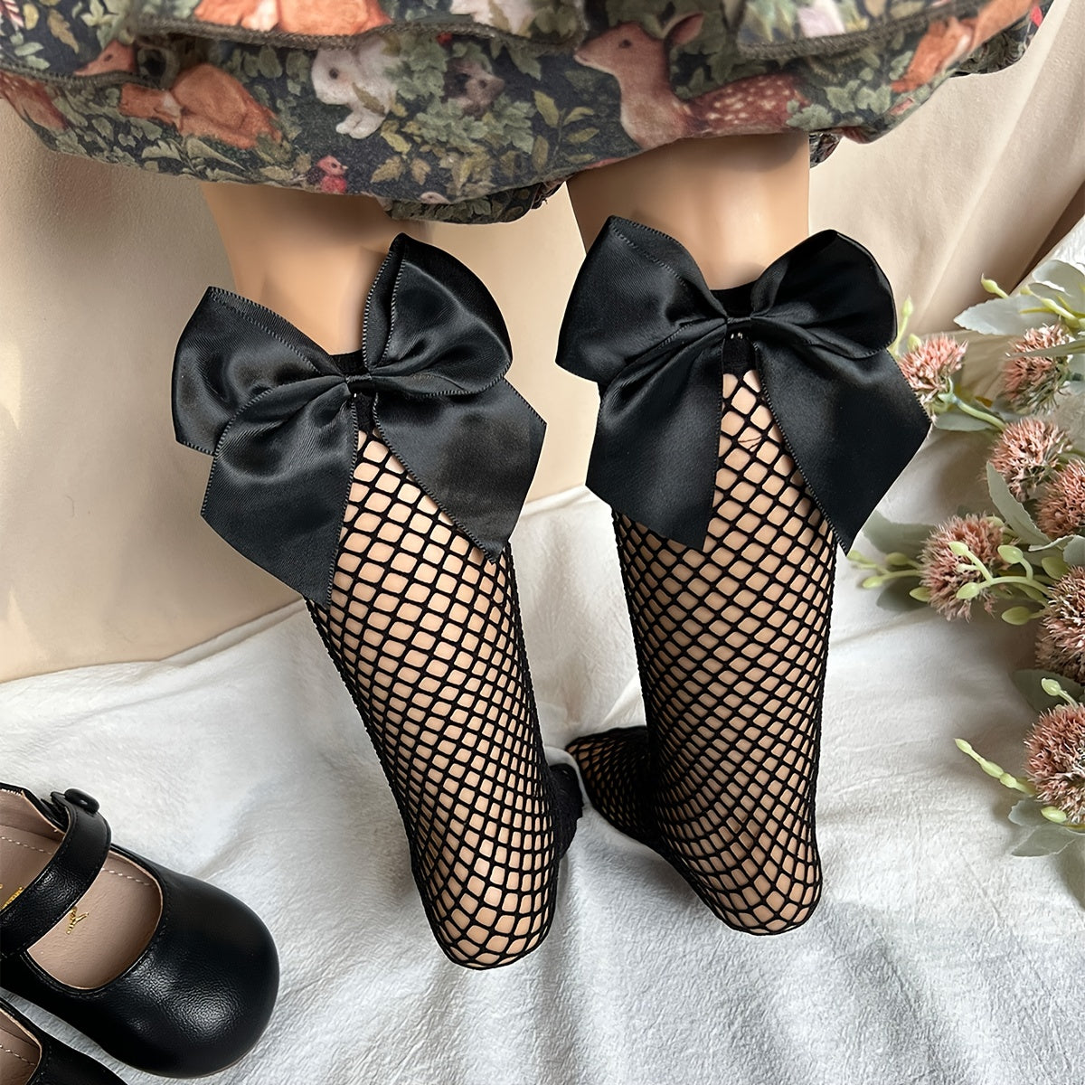 Girls Fishnet Socks with Bow Accent, Breathable Over the Calf Socks