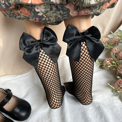 Girls Fishnet Socks with Bow Accent, Breathable Over the Calf Socks