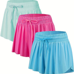 3 Pack Plus Size Sports Shorts Set Women's Plus Solid Double Layered