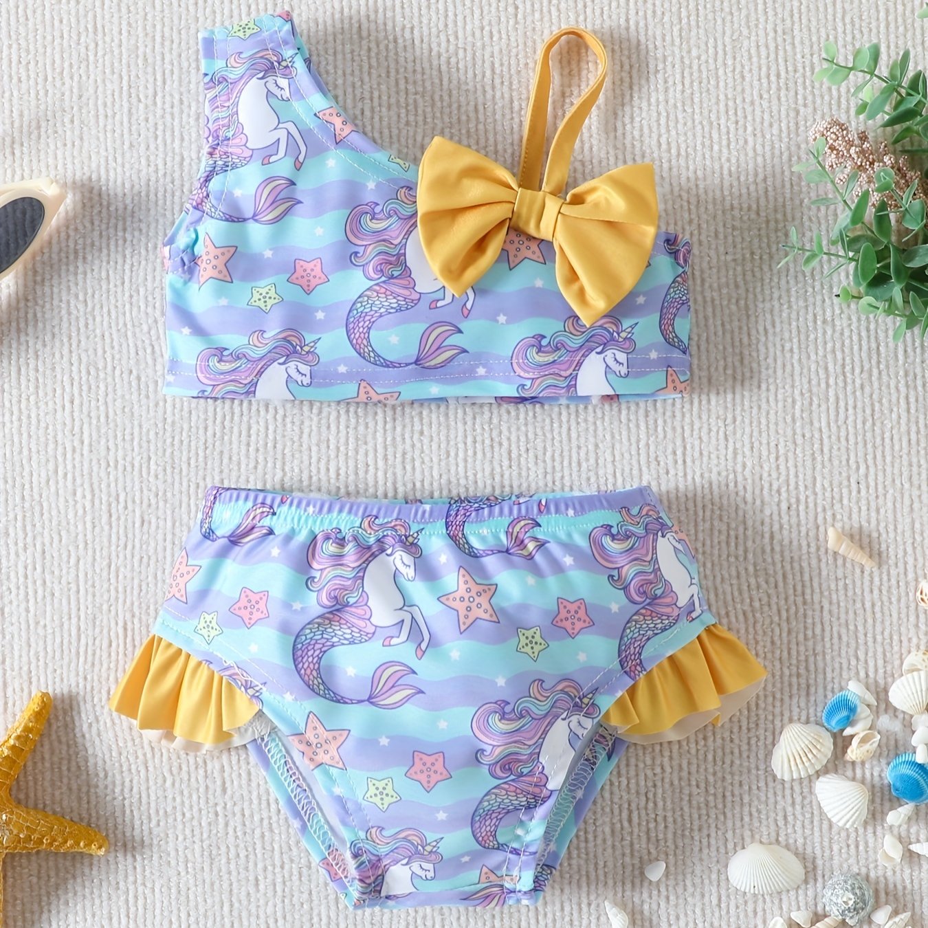 Toddler Girls' Unicorn Graphic 2pcs Swimwear Set with Bow Shoulder Top
