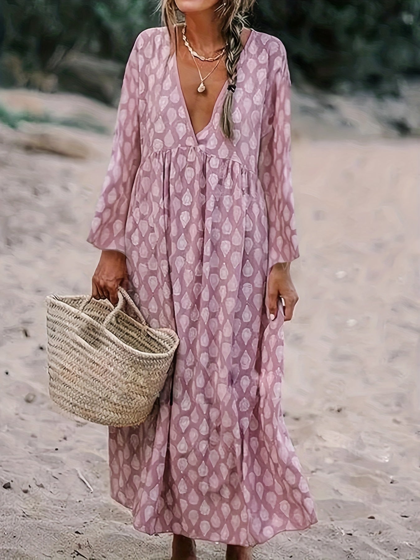 Women's Plus Water Drops Print Long Sleeve Deep V Neck Ruched Maxi Dress