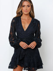 V Neck Ruffle Dress Long Sleeve Tie Waist Women's Clothing