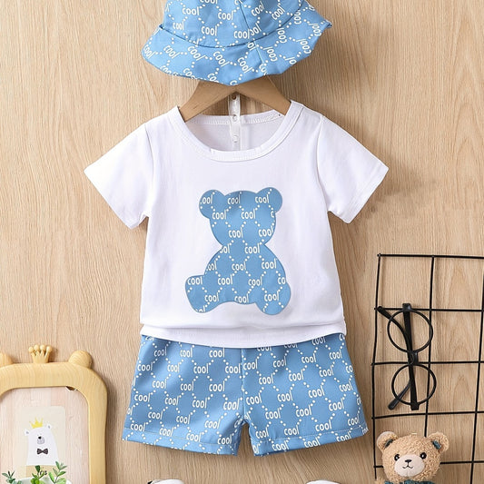 Bear Graphic Tee Top & Shorts & Hat 3pcs Suit Little Boys Outfit