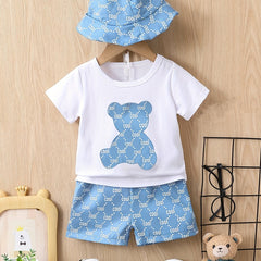 Bear Graphic Tee Top & Shorts & Hat 3pcs Suit Little Boys Outfit