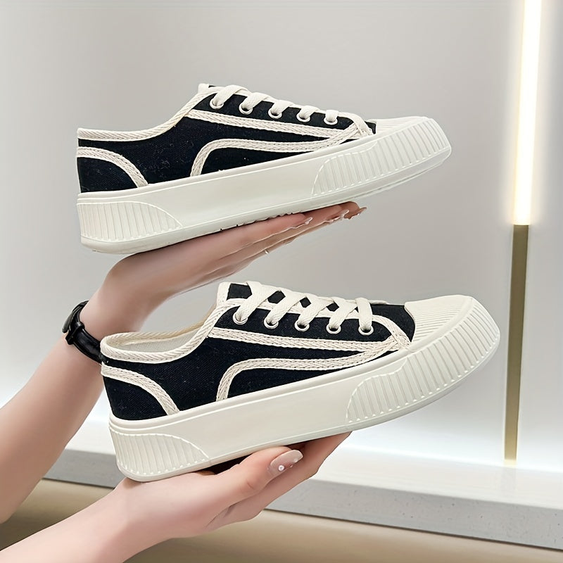 Women's Platform Canvas Shoes Round Toe Lace Up Low Top Sneakers