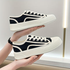 Women's Platform Canvas Shoes Round Toe Lace Up Low Top Sneakers