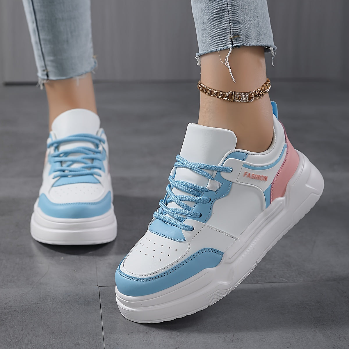 Women's Faux Leather Chunky Sneakers Non Slip Flat Shoes