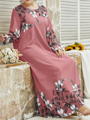 Floral Print Long Sleeve Maxi Abaya Dress for Women