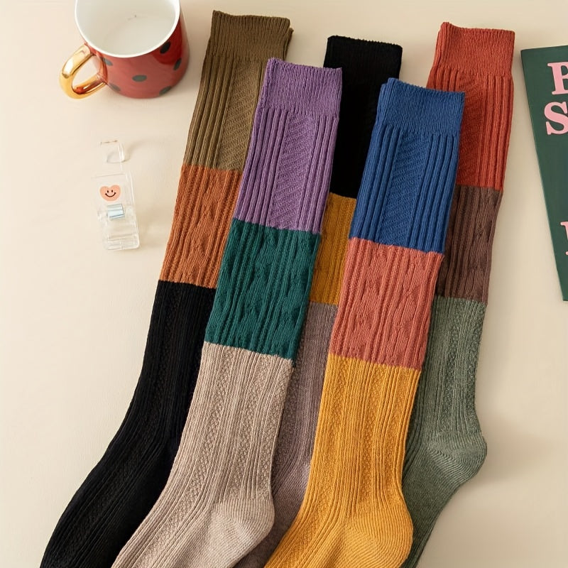 5 Pairs Colorblock Calf Socks College Style Knee High Women's Stockings