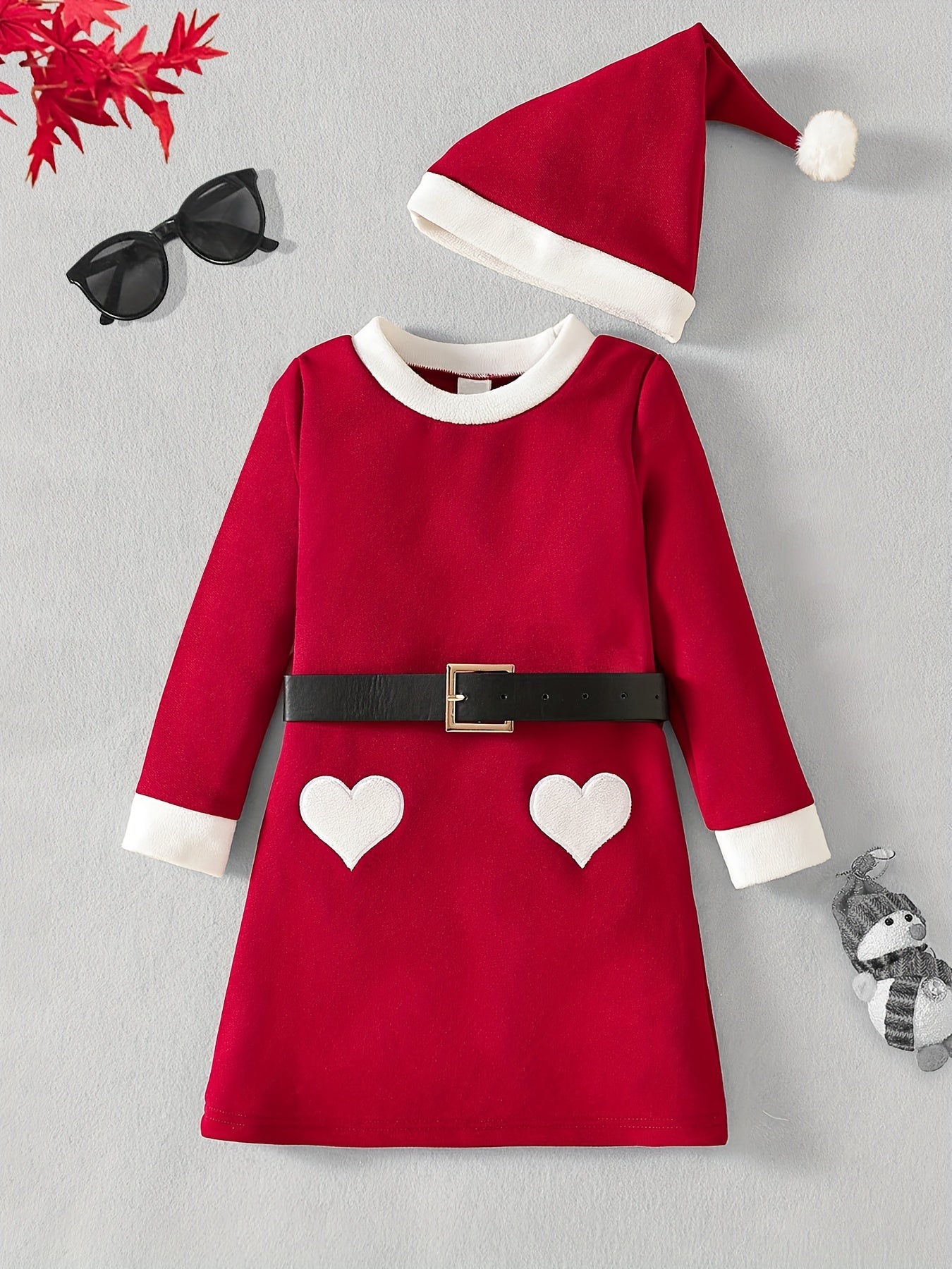 3pcs Christmas Dress Set for Girls - Heart Element with Belt and Hat