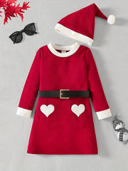 3pcs Christmas Dress Set for Girls - Heart Element with Belt and Hat