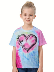 Casual Tie Dye Heart Print Short Sleeve T-shirt Girls Boys Summer Tees