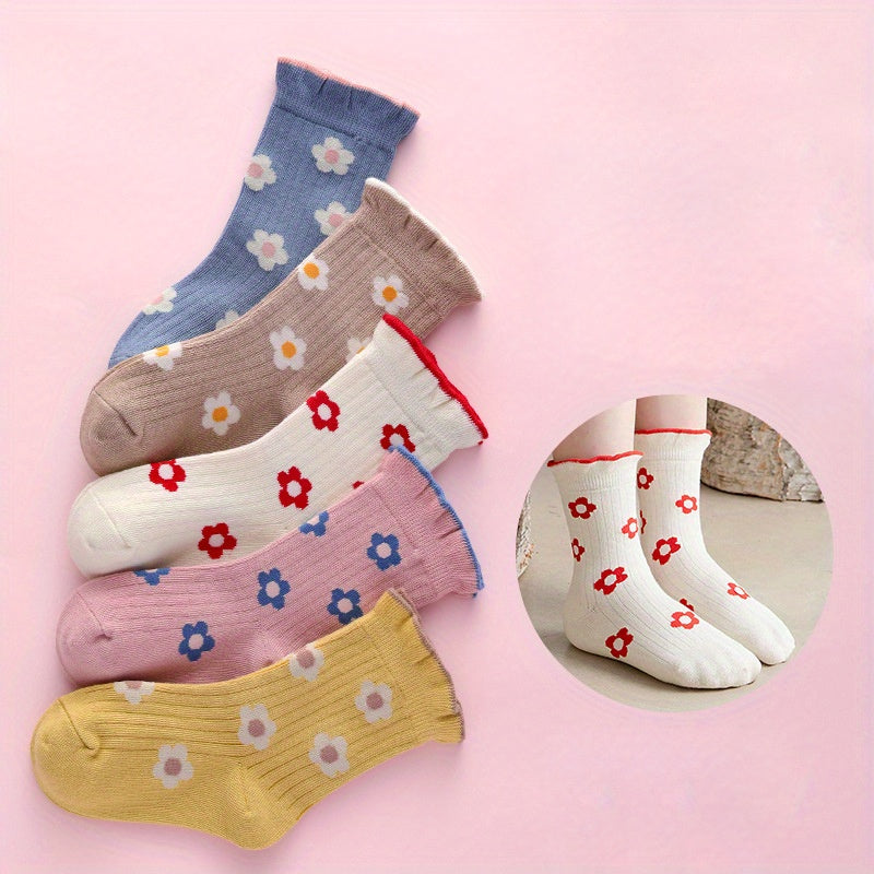 5 Pairs Girls Kids Cartoon Lace Princess Socks - Breathable Crew Socks