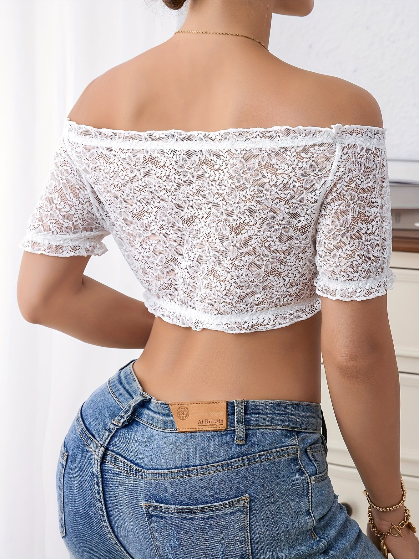 Floral Lace Mesh Top Off Shoulder Crop Top Women's Lingerie