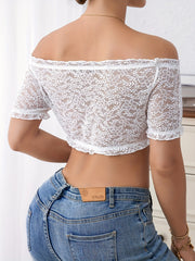 Floral Lace Mesh Top Off Shoulder Crop Top Women's Lingerie