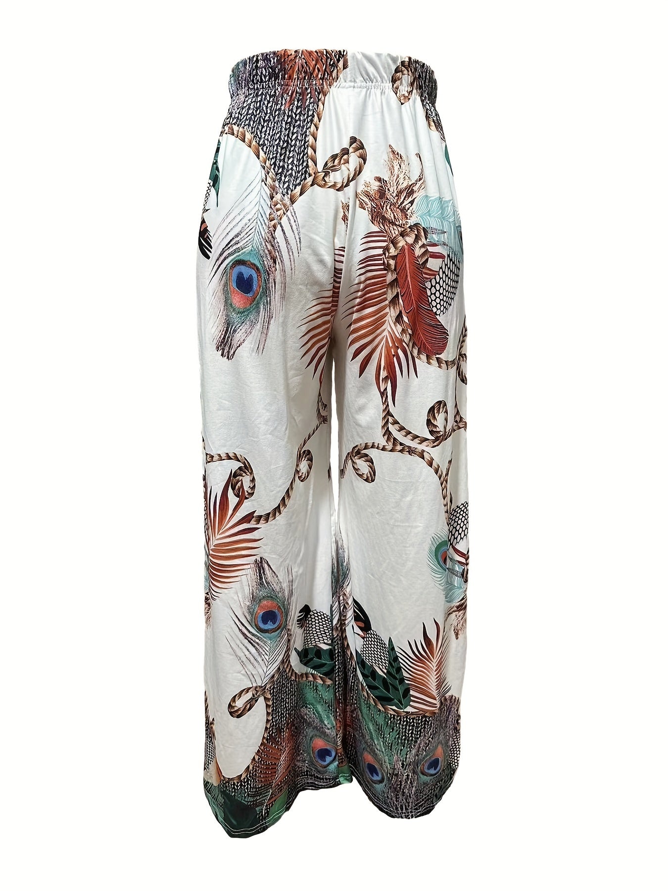 Peacock Print Wide Leg Pants Retro Drawstring Palazzo Pants