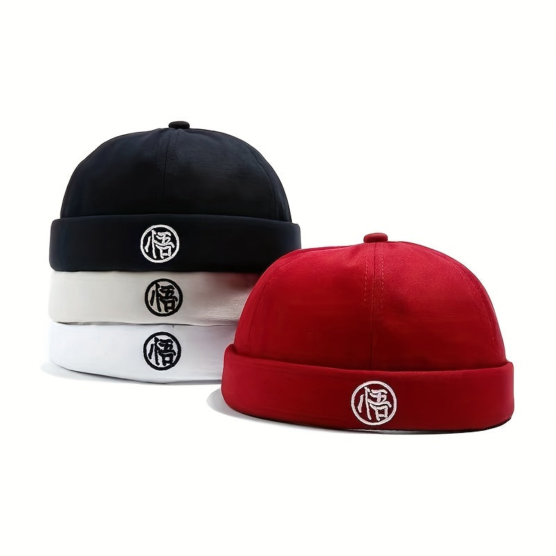 Character Embroidery Unisex Beanie Hip Hop Skull Hat Solid Docker Cap